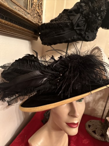 Antique Edwardian Hat 1900 Mourning With Wire FramChantilly Lace And Beaded Trim