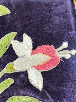 c.1890 Antique Velvet Flowers Butterfly embroidery in wooden frame