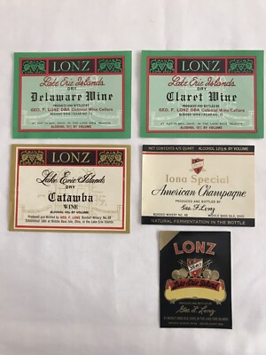 Vintage Lonz Winery Middle Bass Island Put In Bay Ohio 5 Wine Labels Lot Unused