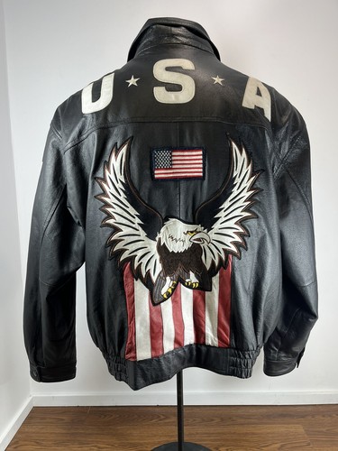 Vintage Leather Jacket USA Eagle Flag Black Bomber Motorcycle