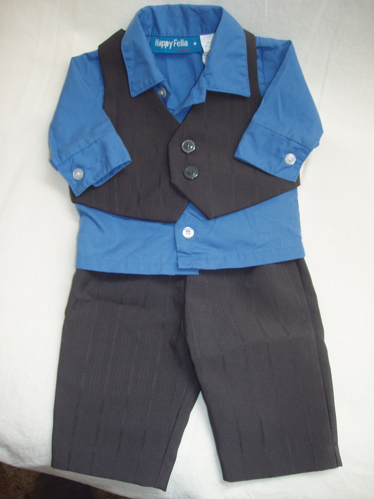 Happy Fella 3-piece Suit Baby Boy 3-6 mos Blue Shirt Charcoal Gray Vest & Pants