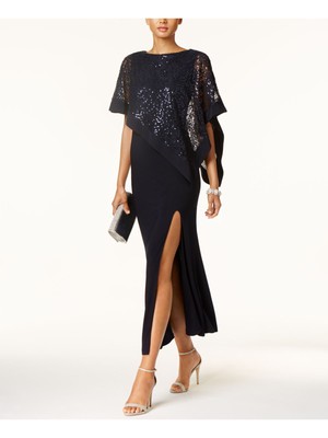 R&M RICHARDS Womens Navy Lined Asymmetrical Cape Flutter Sleeve Maxi Dress 8