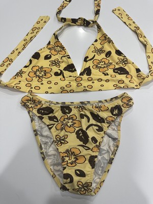 Venus Vintage yellow Floral Bikini Halter Top M (C-D Cup) moderate Bottoms M