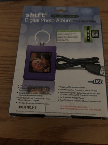 Shift 3 USB 2.0 Rechargable Digital Photo Album with Keychain. Sealed