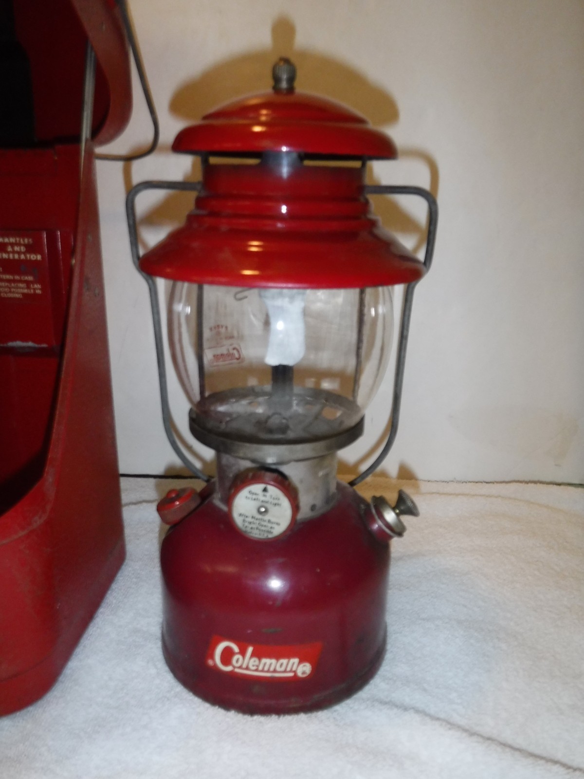 Vintage 1962 Coleman 200A Red Lantern w/ Red Guillotine Metal Case