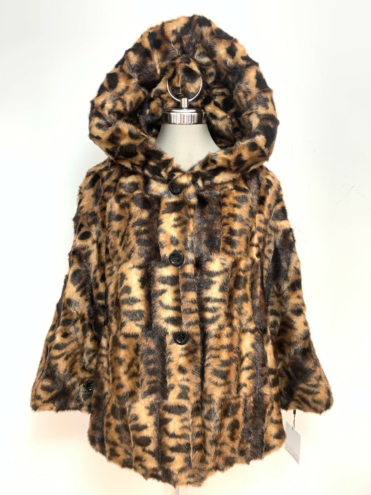 

Calvin Klein NEW NWT Элегантная накидка с капюшоном из искусственного меха с леопардовым принтом, размер S, Multicolor, Single Breasted