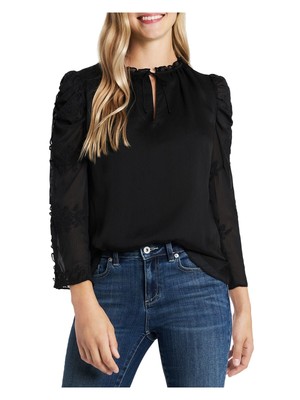 

CECE Женская черная пуловерная блузка с круглым вырезом и рукавами 3/4 с оборками и прозрачной подкладкой, Черный