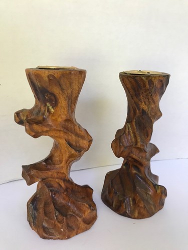 Vintage Handmade crafted carved natural wood wooden candle holders 6
