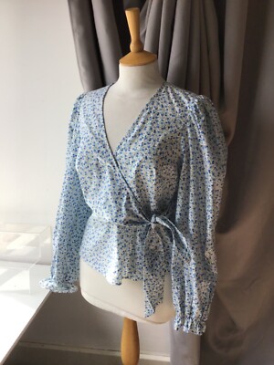 Oasis Floral Cotton Wrap Blouse, Blue & White, BNWT, Size; 12
