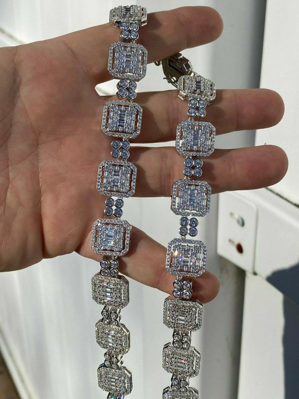Pre-owned Silver 925 Sterling  Baguette Link Chain Iced 16mm Men's Cz Necklace Choker