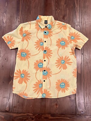 Men s Neff Smiley Flower Shirt Button Up Yellow & Orange Medium
