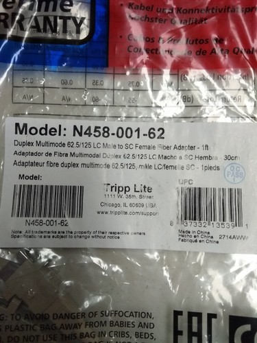 TRIPP-LITE LC Male - SC Female Network Fiber Adaper Cable 1' N458-001-62 Duplex
