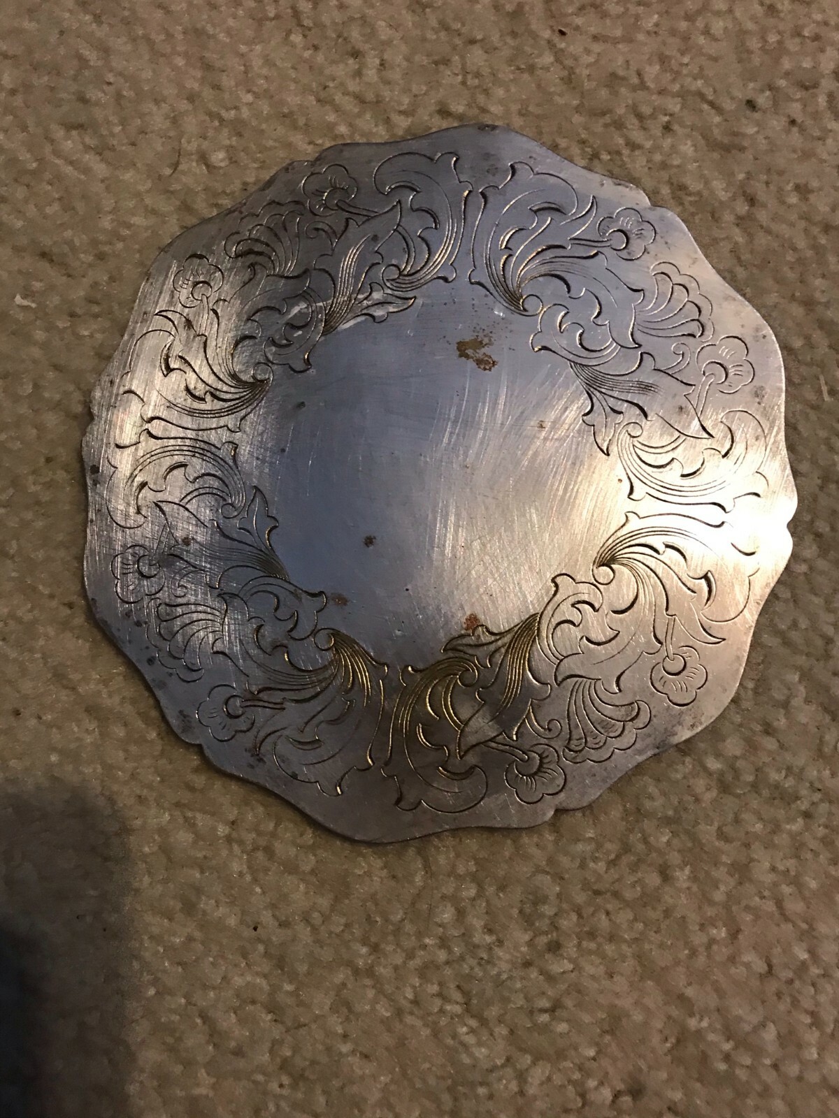 Very Cool Vintage Round Silver Plated embossed Trivet 6-3/4" Marked Germany