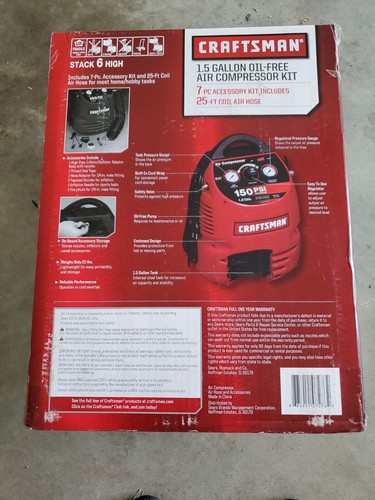 Craftsman #15309 1.5 Gallon 150 PSI Oil-Free Air Compressor 7pc Kit New Unopened
