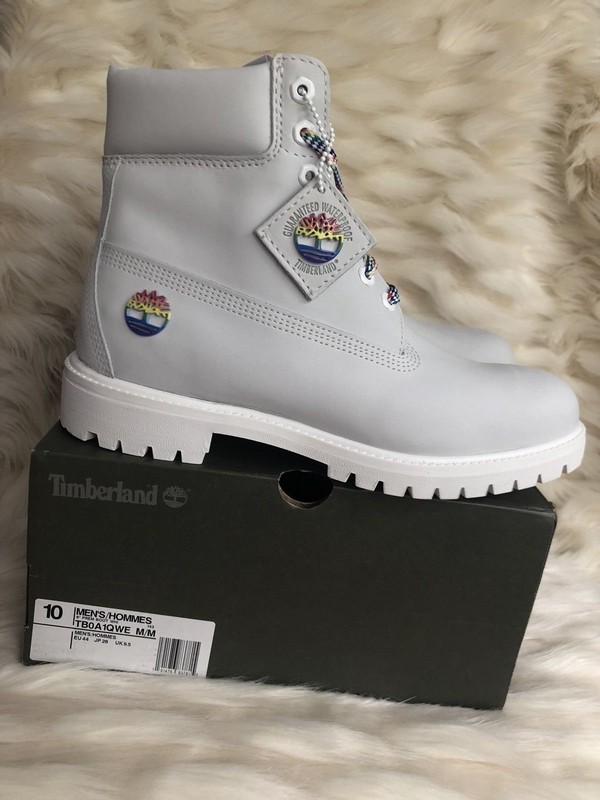 white and rainbow timberlands
