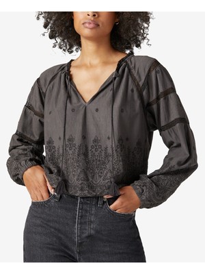

LUCKY BRAND Женский серый крестьянский топ с кисточками и вставками с длинными рукавами и V-образным вырезом