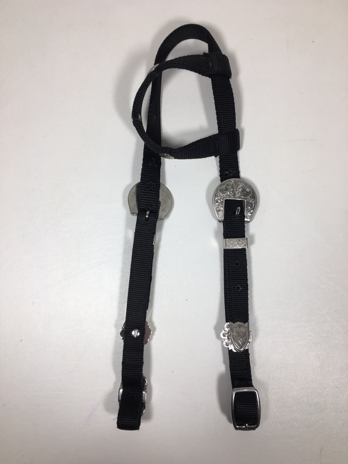 Black Nylon Western One Ear Headstall Silver Engraved Conchos