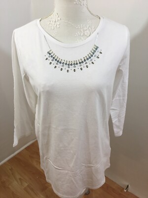 Old Navy Ladies NWT Top White Beaded Trim Sz 16 Plus Scoop 3/4 Sleeve Cotton