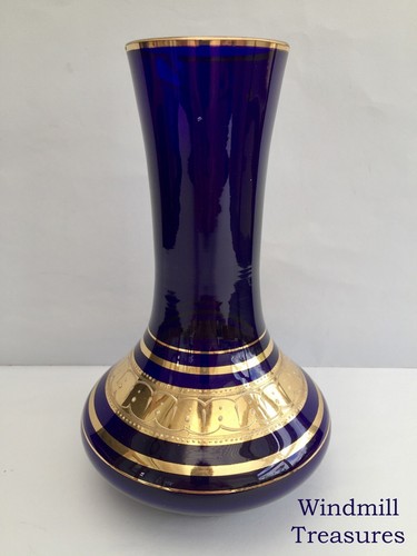 Large Gilded Cobalt Bristol Blue Bulb Glass Vase Good Condition