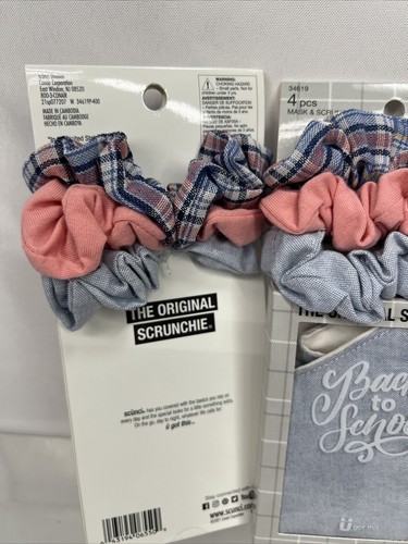 (2) sc&uuml;nci 4 pcs Matching Mask & Scrunchies Set Pink Denim Plaid Hair Tie