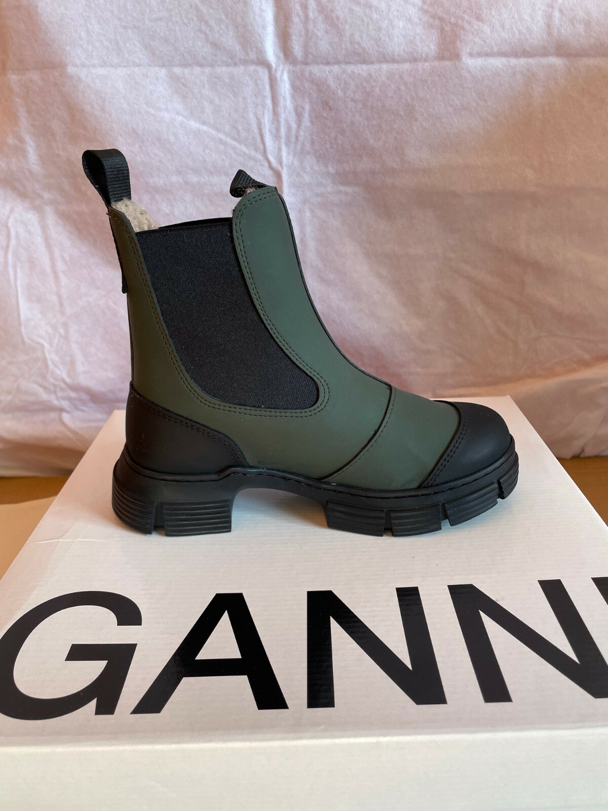 Pre-owned Ganni Recycled Rubber And Fur Boots In Green