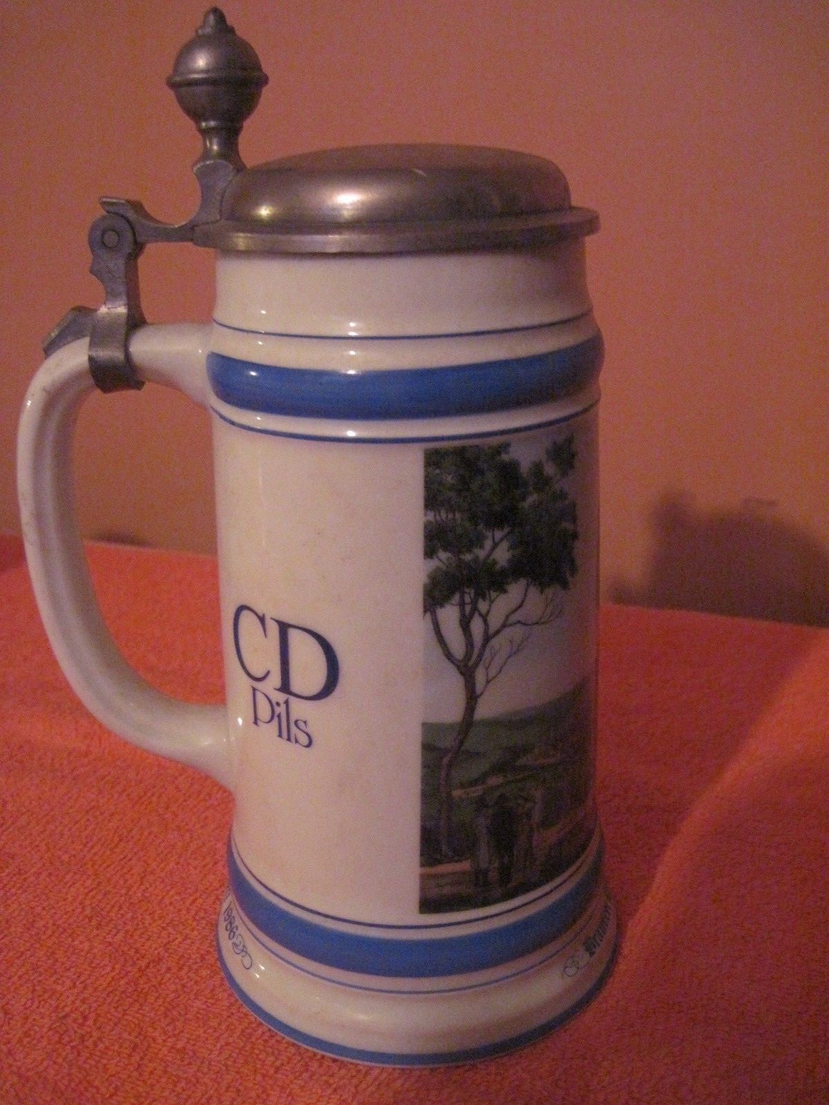 CD Pils Stuttgart 1986 Porcelain SAHM Stein with Pewter Zinn Lid, Very Decorativ