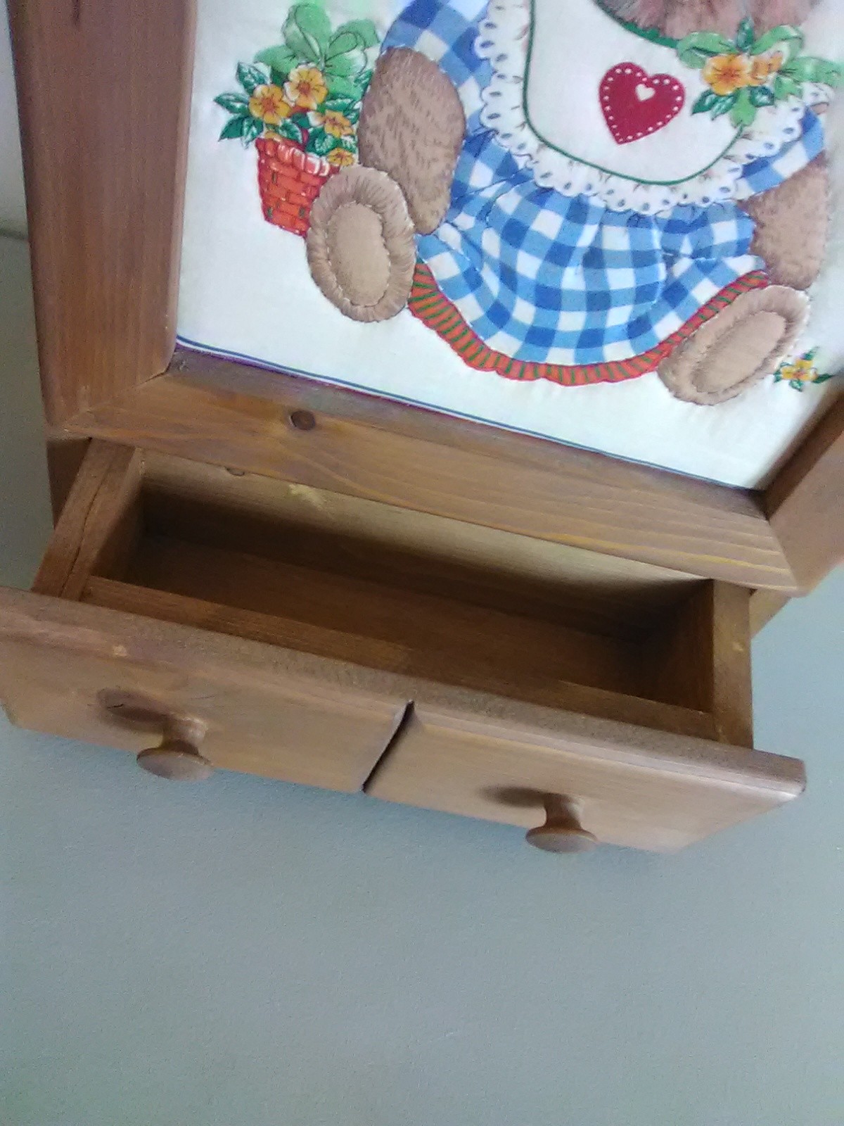 Small Wood  Cabinet with Door and Drawer and Quilted Bear