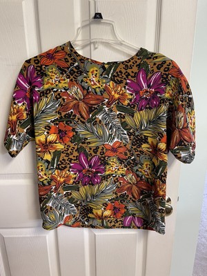 VNT Che Studio Women's Short Sleeve Blouse Top Med Floral Animal Print 90s Silky