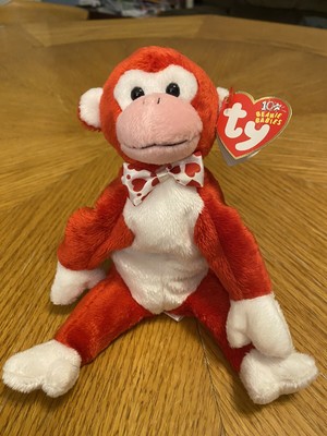 TY Beanie Baby - VALENTINE the Monkey (6 inch) -Stuffed Animal Toy red and white