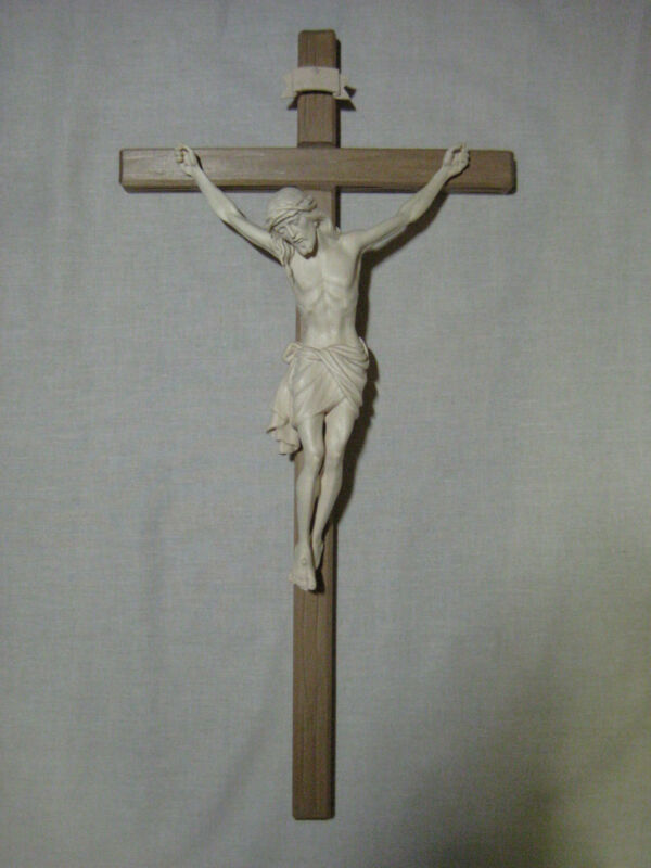 25" Wooden Carved Crucifix On Cross - Light Stained Cross - Natural Corpus