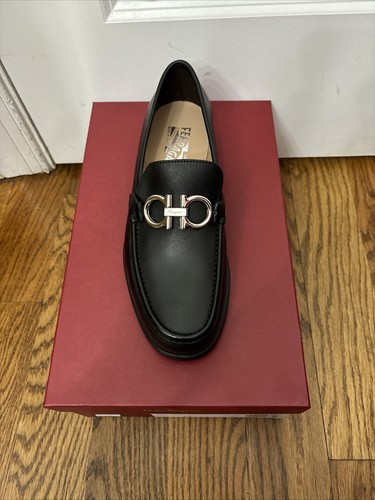 Pre-owned Ferragamo Salvatore  Rolo Black Leather Mens Loafers 8 Ee Reversible Buckle