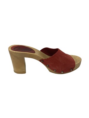 Candies Vintage Y2K Clog Heels Sandals Red Leather Faux Wood Womens Size 7 EU 38