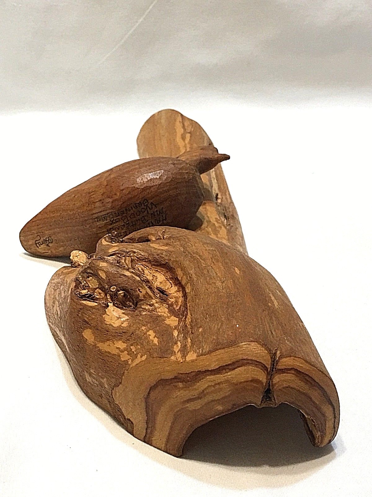 Signed Carved Wood Duck on 10” butternut Burl Knot Up North Decor Decoy Folk Art