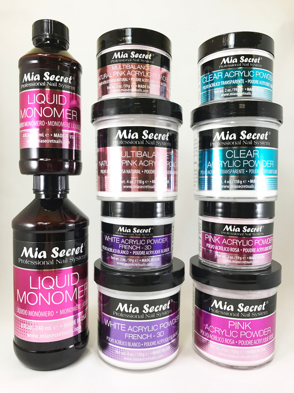 MIA SECRET LIQUID MONOMER 4oz/8oz + ACRYLIC POWDERS 4 COLORS 2oz/4oz -CHOOSE SET