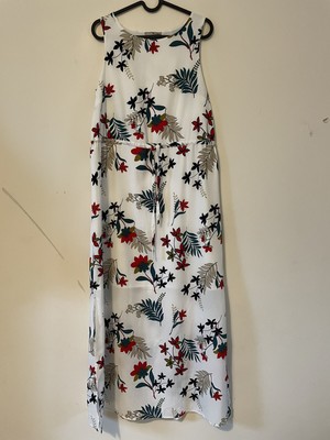TU Sainsburys Maxi Dress White Bright Floral Print Side Split Tie Waist Size 8