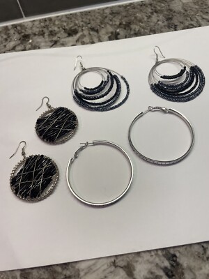 Lot Of 3 Silver Tone Costume Earrings Pierced Dangle / Hoop