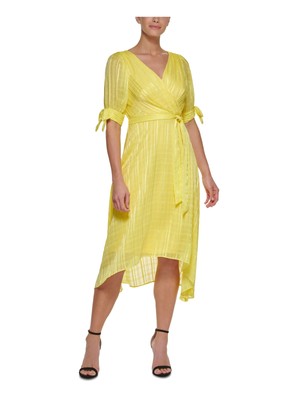 DKNY Womens Yellow Tie Hi-lo Hem Lined Midi Faux Dress с короткими рукавами и подкладкой 8