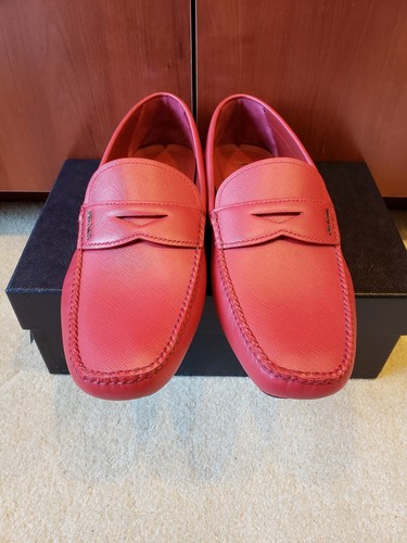 Pre-owned Prada 100% Authentic  Saffiano Leather Driving Moccasins Shoes Size 11 (12 Us) In Red