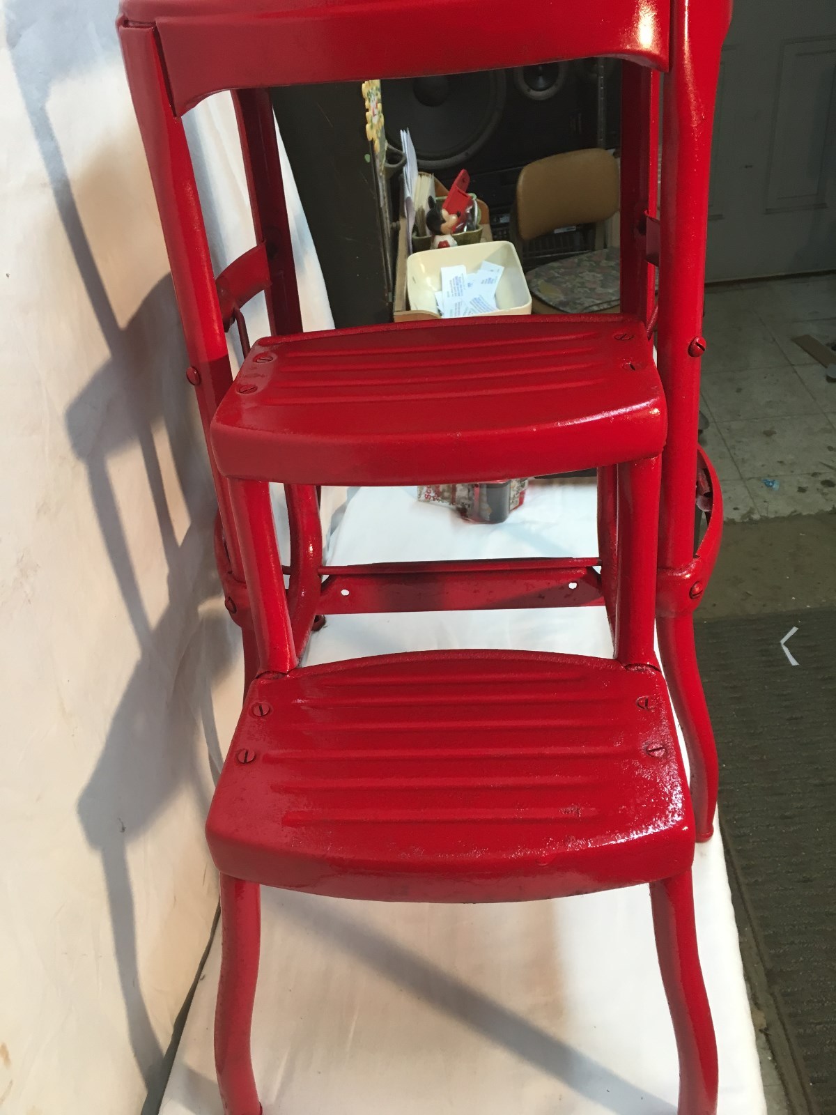 Vintage  Kitchen Step Stool Metal  Retro Mid Century Pull Out Step Stool Red