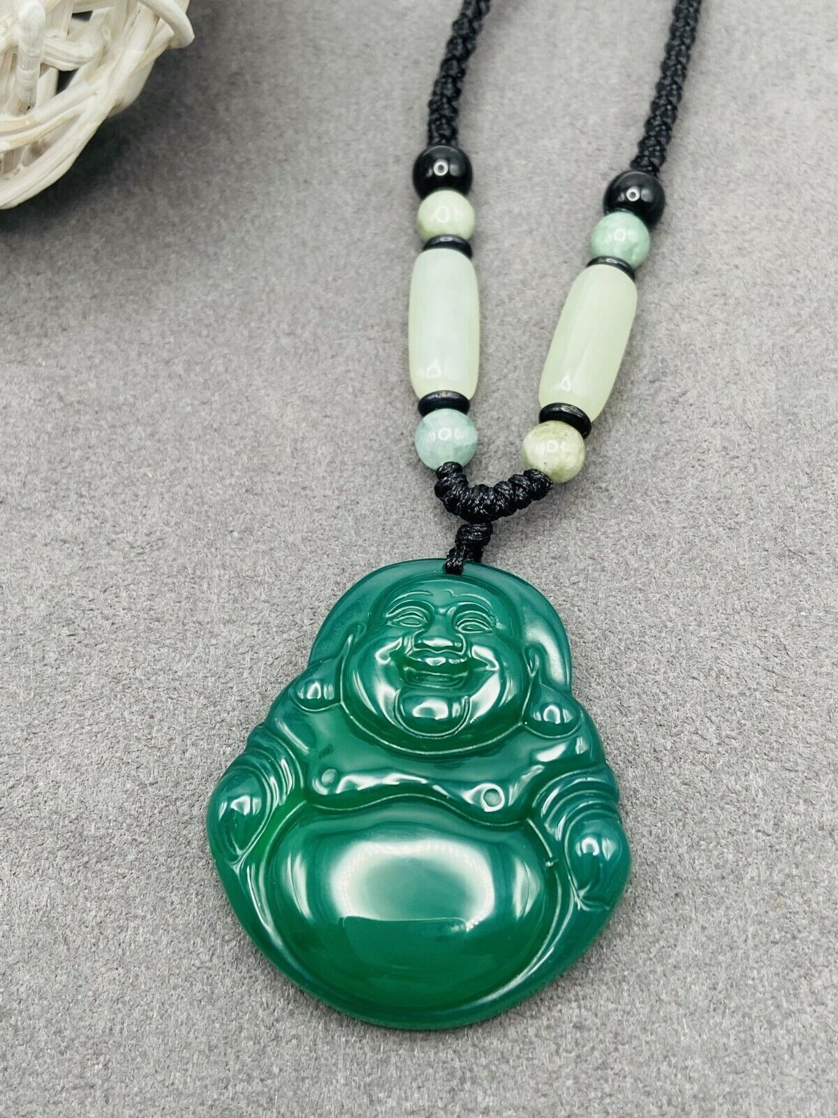 Jade Buddha Charm Pendant Necklace W/ Beads Cord Handmade