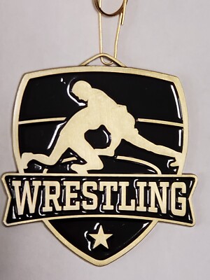Fun New design, Wrestling award medal, shield shaped, gold, w/ neck ribbon, 2.5''