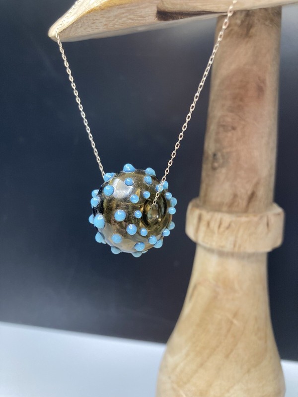 Blue Doughnut Shaped Lampwork Glass Large Pendant On 18" 925