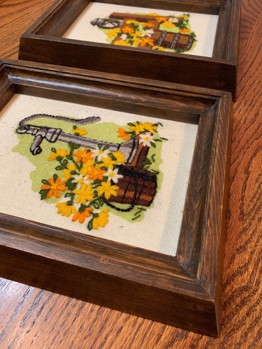 Vintage Hand Embroidered Set of 2 Country Rustic Floral Framed Art Pictures