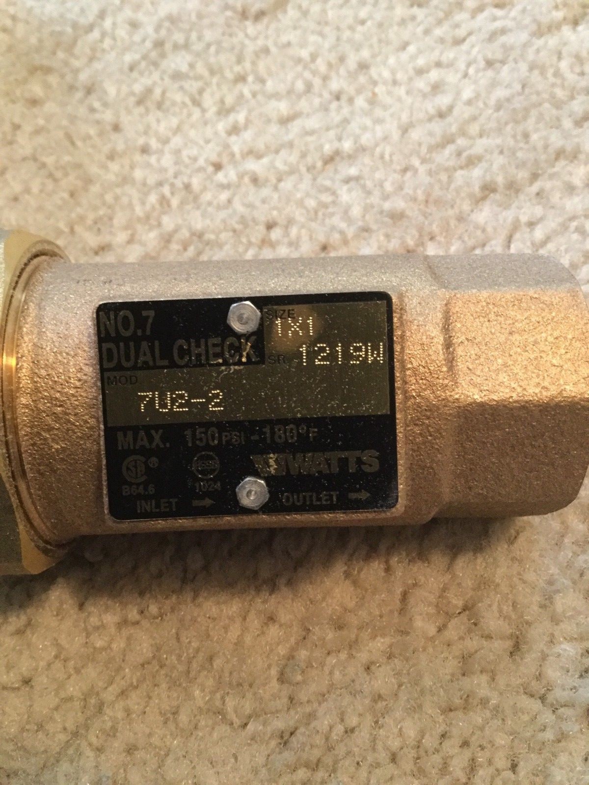 Watts #7 Model 7U2-2 Dual Check Valve 1 x 1, 150 psi - 180F Free Shipping
