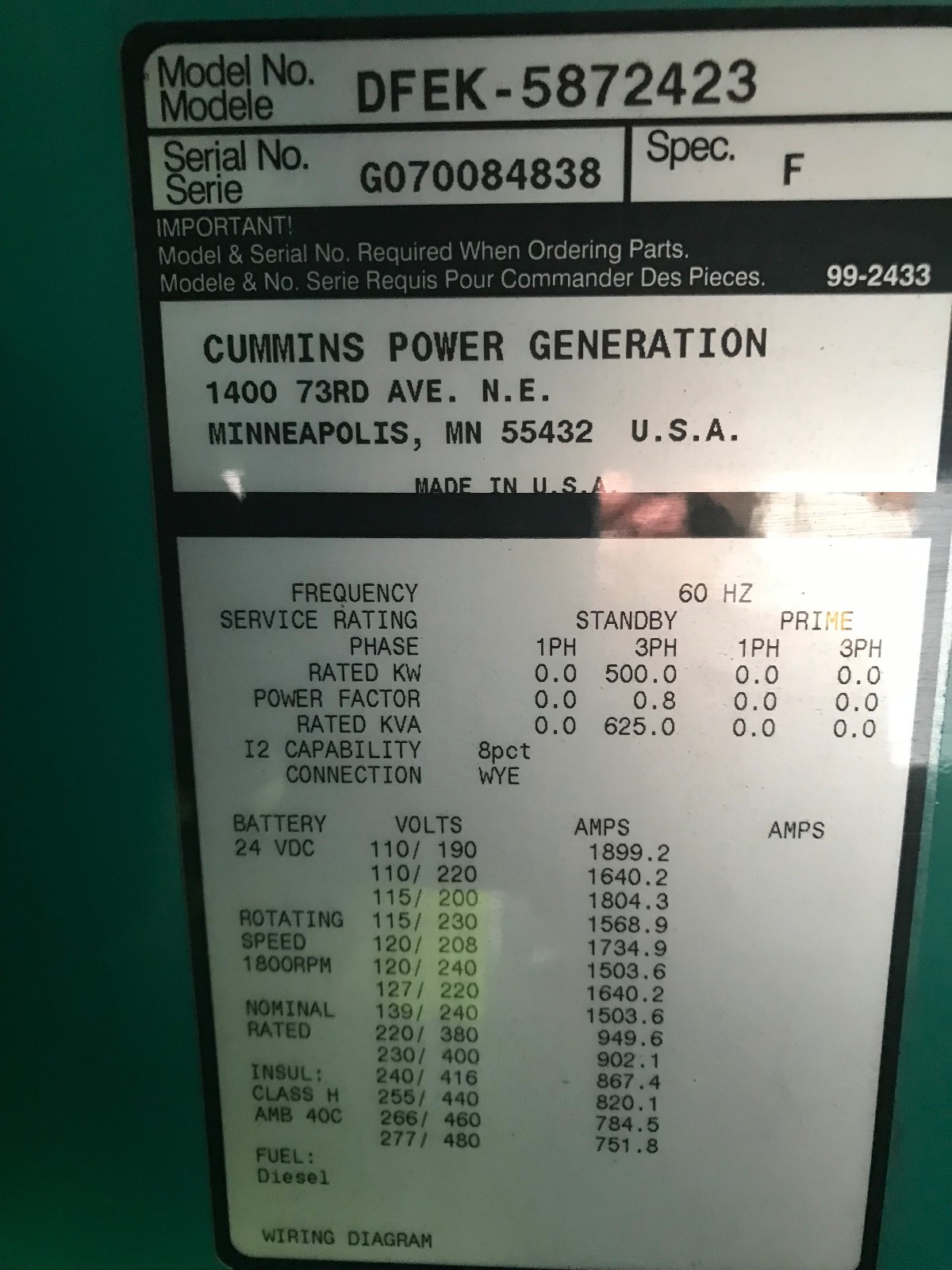 500 kW Cummins Generator Tier 2, 2007, low hours