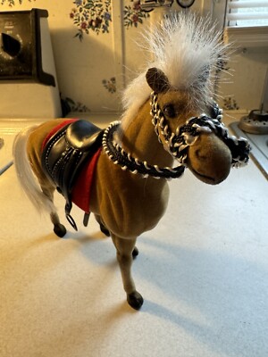 Vintage Brown Flocked Horse With Saddle & Bridle 