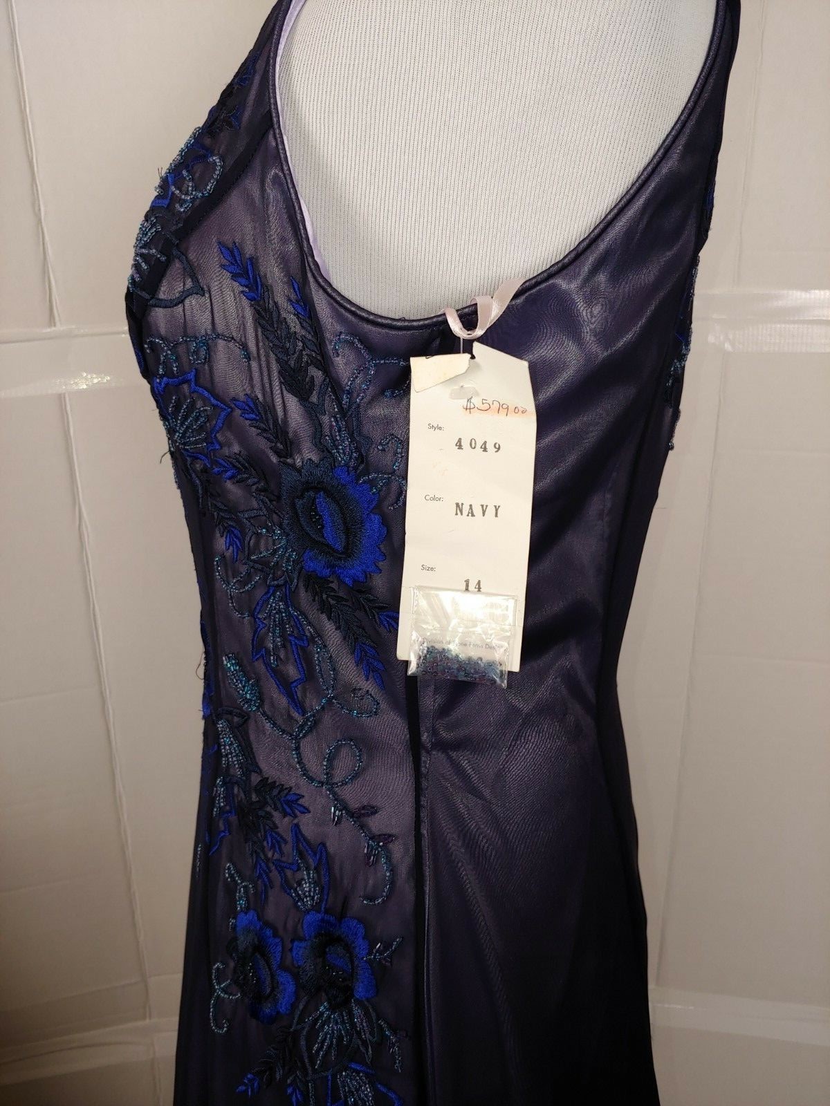 Vintage Formal Dress Navy Embroidered Bead Homecoming Prom Evening Sz 14 NWT