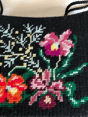 Small Tote/Handbag, Hand Embroidered Needlepoint, Flowers on Black Background