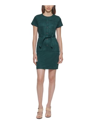 

CALVIN KLEIN Womens Green Self Tie Belt Button Short Sleeve Short Dress, Зеленый
