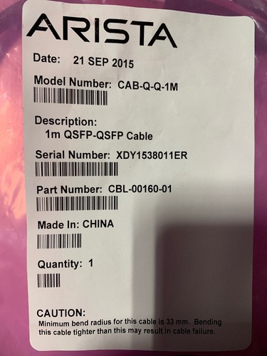 New Sealed Arista CAB-Q-Q-1M  40GBASE-CR4 QSFP+ to QSFP+ Twinax Copper Cable 1M